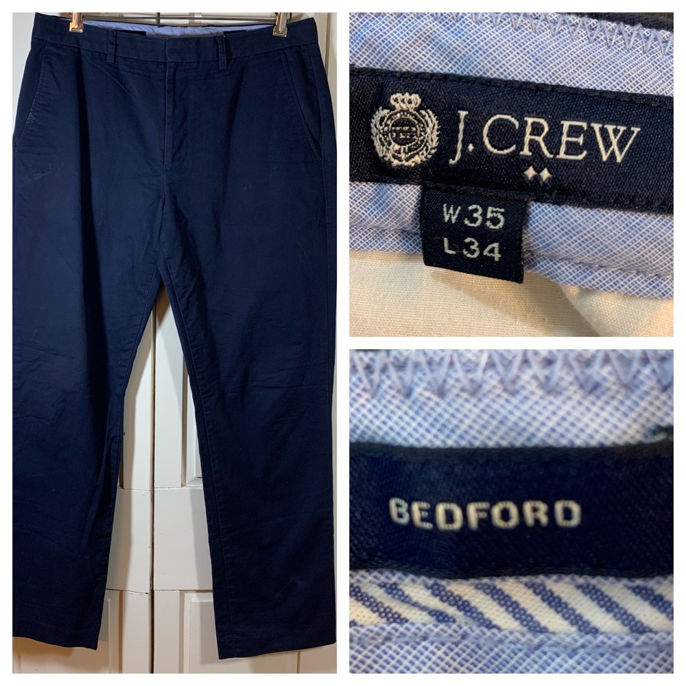 J Crew Bedford Navy Cotton Chinos Pants Mens W35 L34 (35x32) Straight Fit Casual